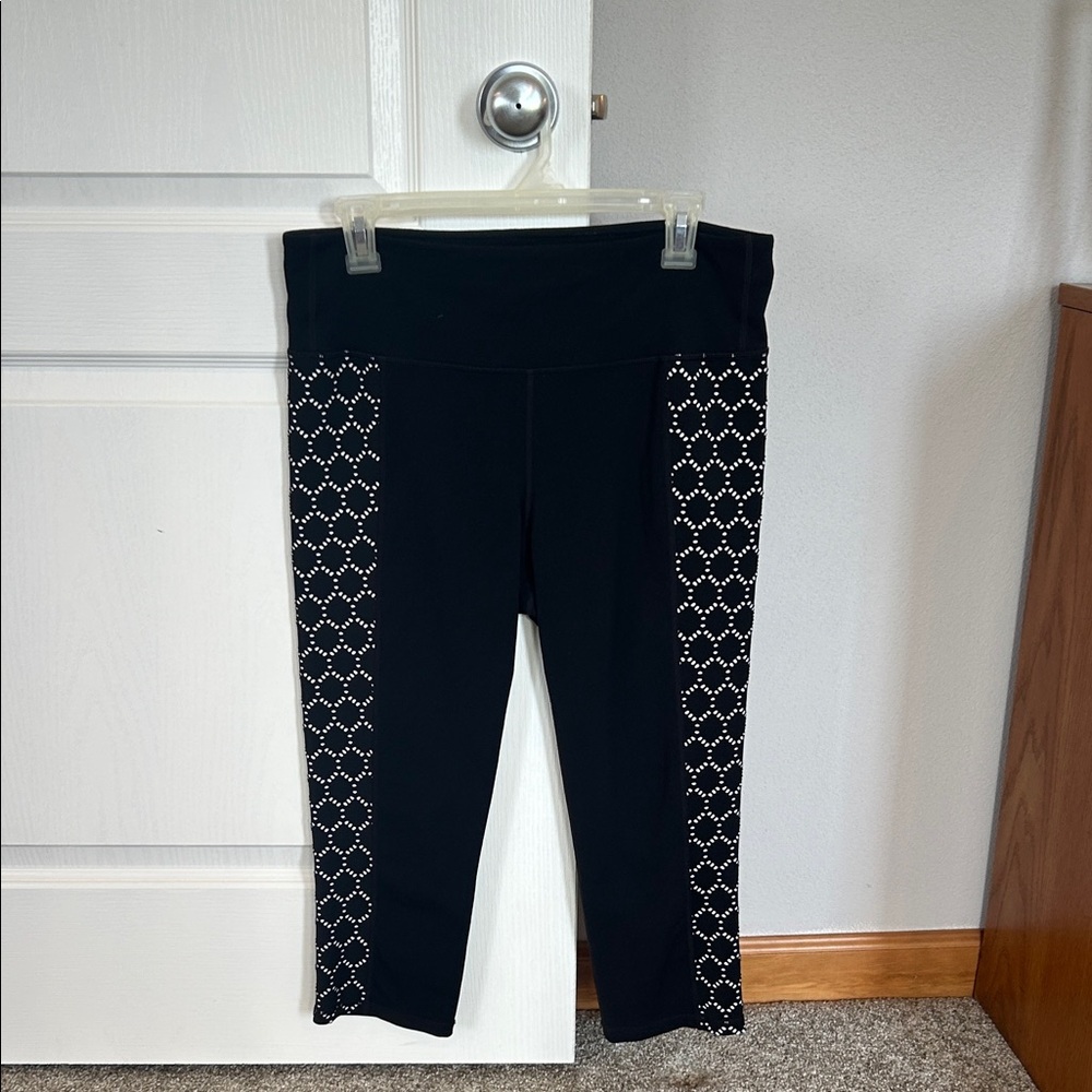 Athleta Black Leggings with white honeycomb design on the side